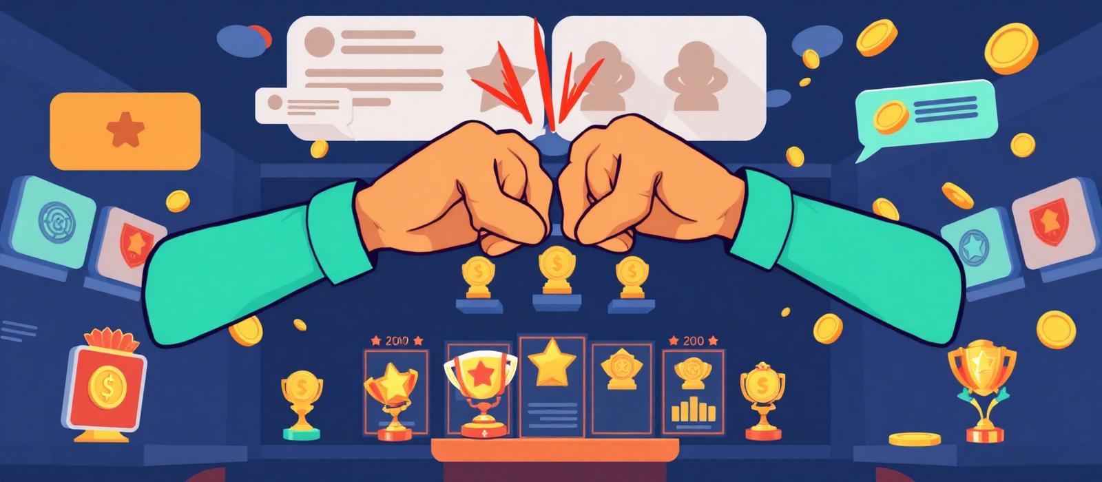Two cartoon hands fist bumping over a casino lobby filled with trophies and coins