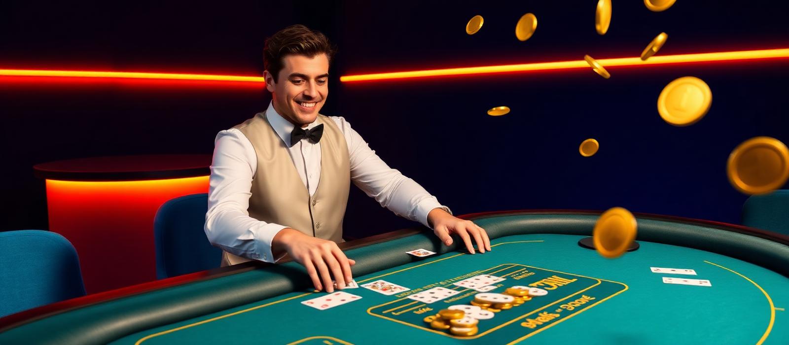 Friendly live dealer at a green felt table dealing cards with coins flying