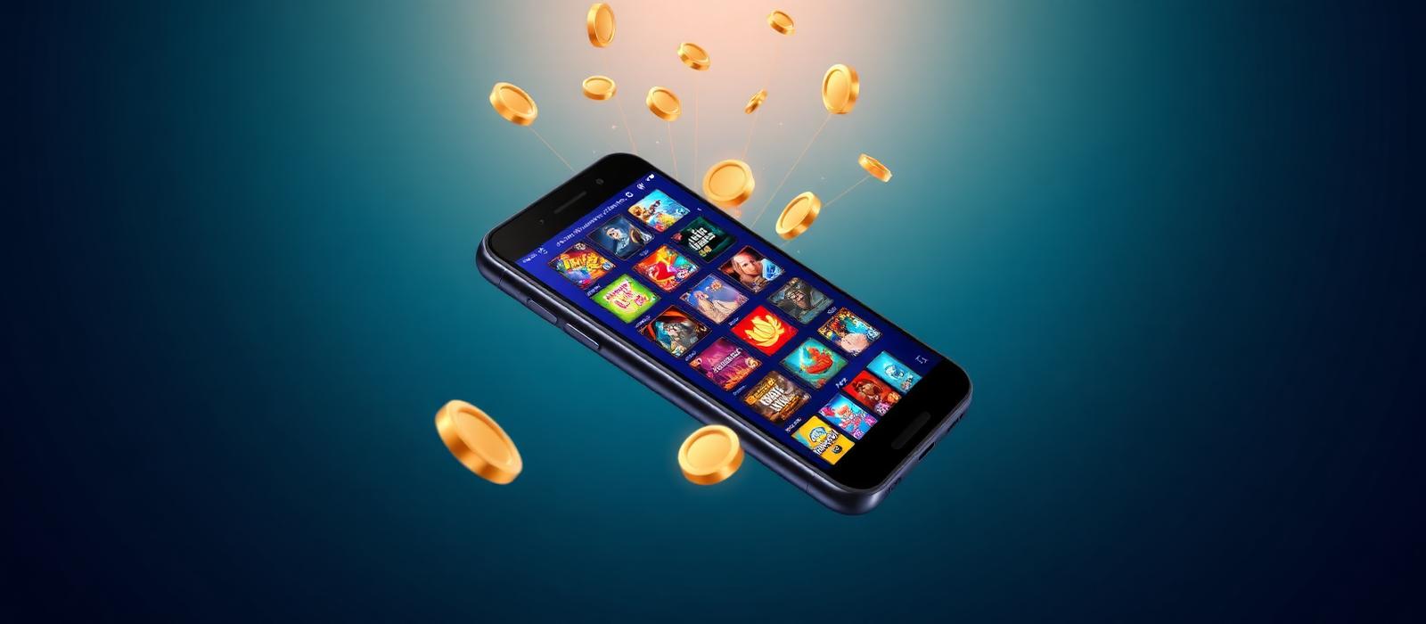 Smartphone showing a colourful casino game lobby with coins flying out of the screen