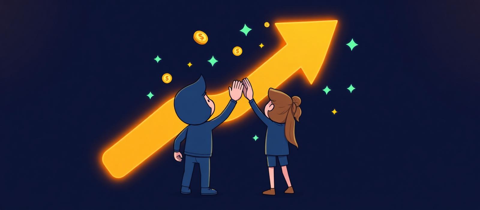 Two friendly cartoon characters high fiving in front of a glowing upward arrow