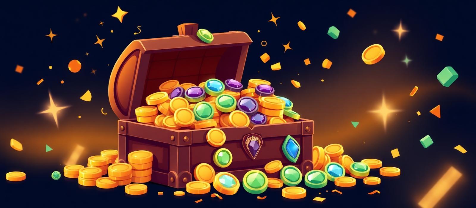 Open treasure chest overflowing with gold coins, gemstones and confetti