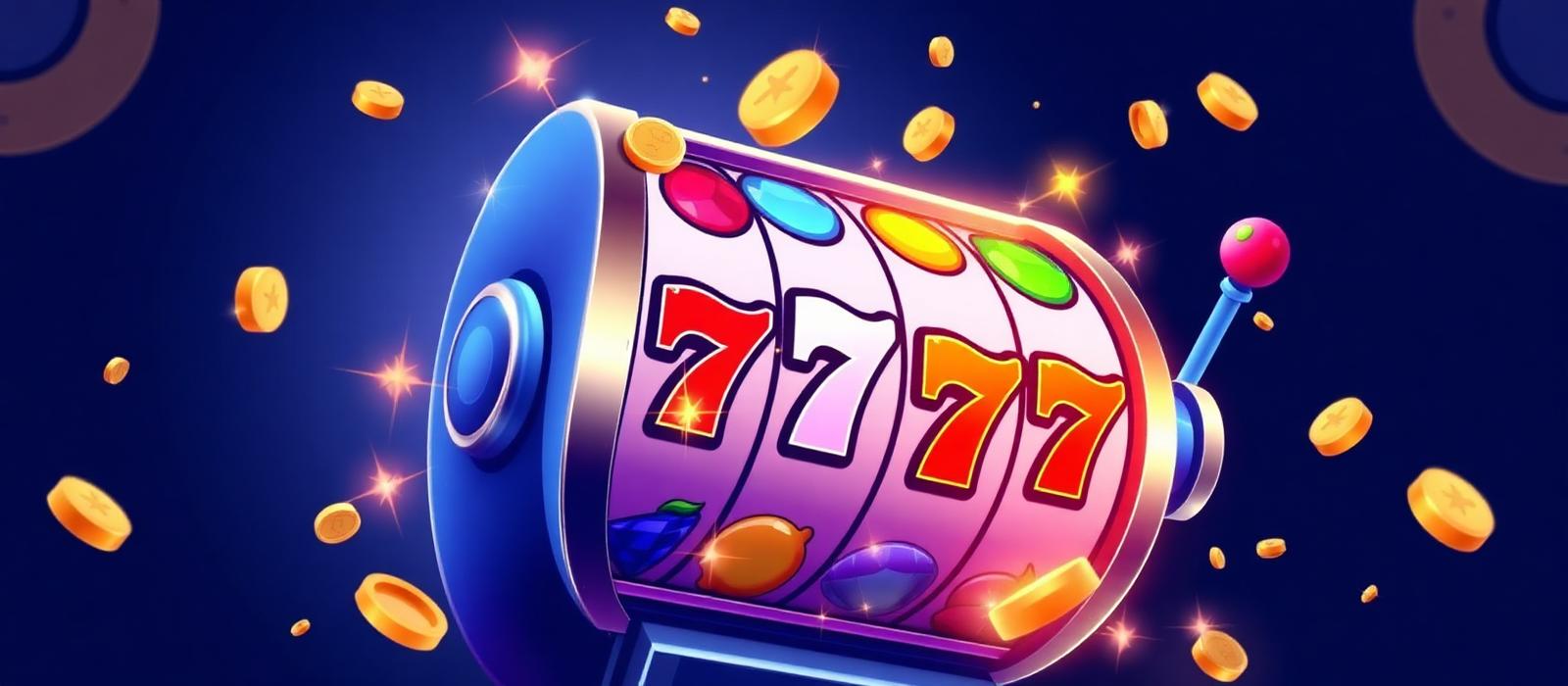 Stylised slot machine spinning with gold coins flying out of the reels