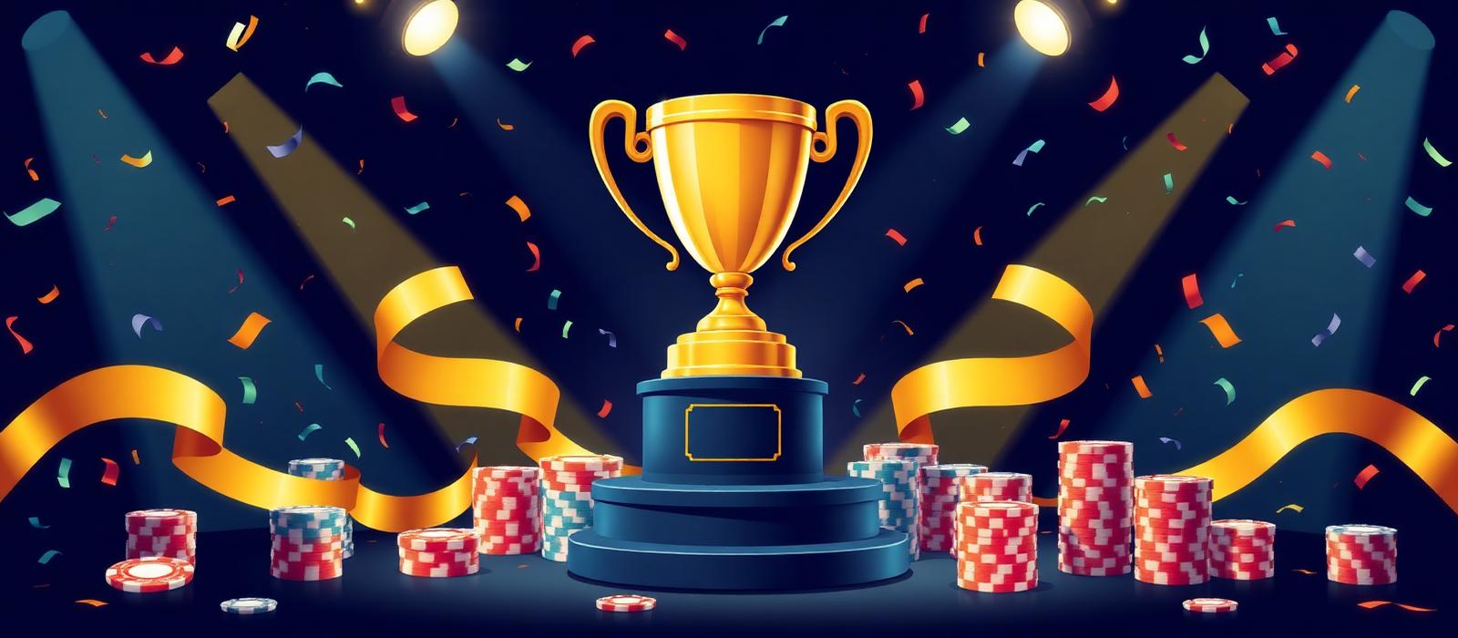 Golden trophy on a pedestal under spotlights with chips and confetti